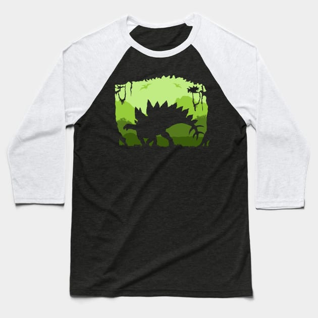 Stegosaurus Sunset Baseball T-Shirt by nickbeta